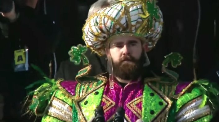 Jason Kelce Delivers Wild Speech at Super Bowl Parade Dressed as Mummer